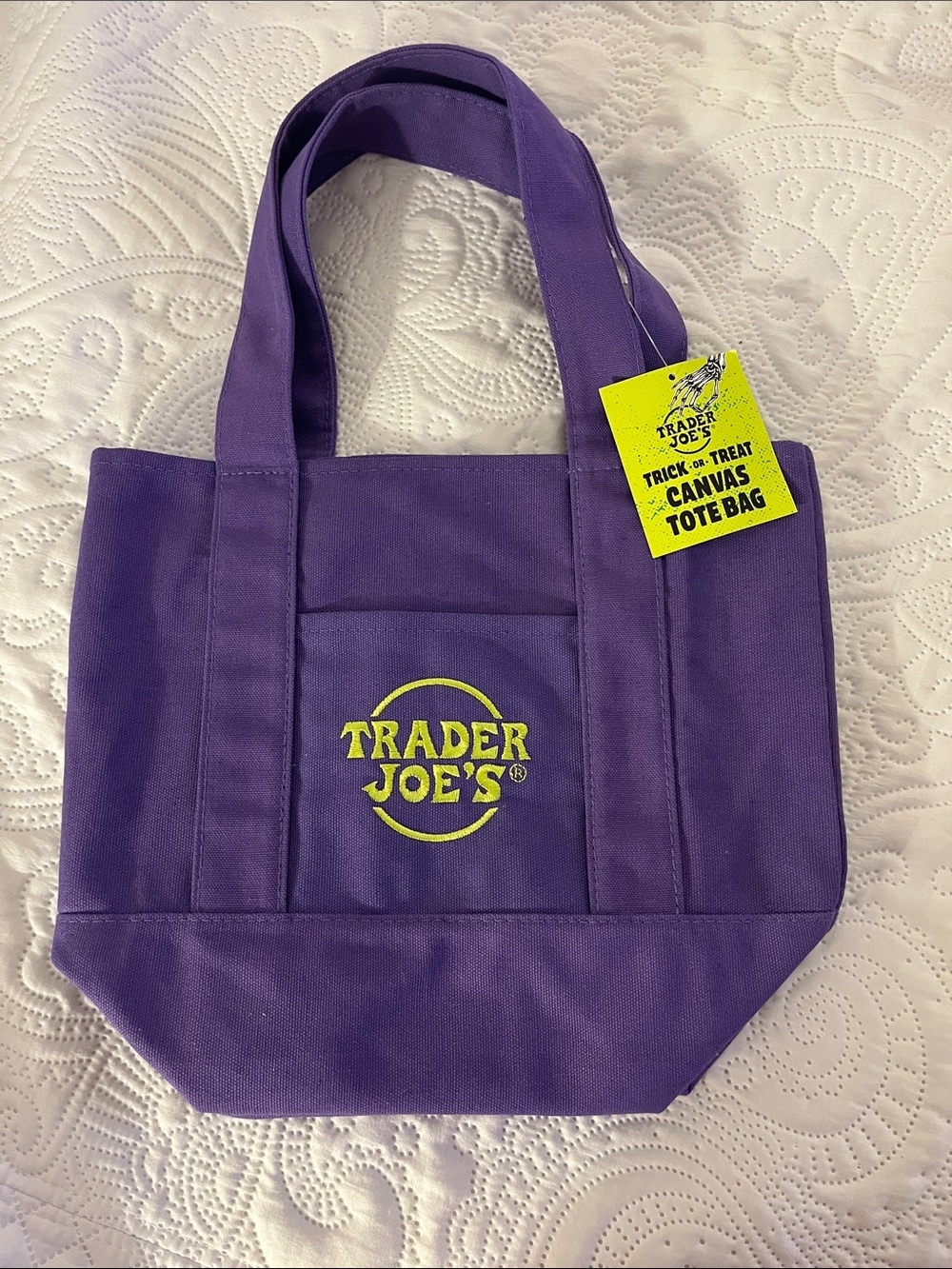 Trader Joe's Purple Canvas Tote Bag with Yellow Logo Halloween 👻
